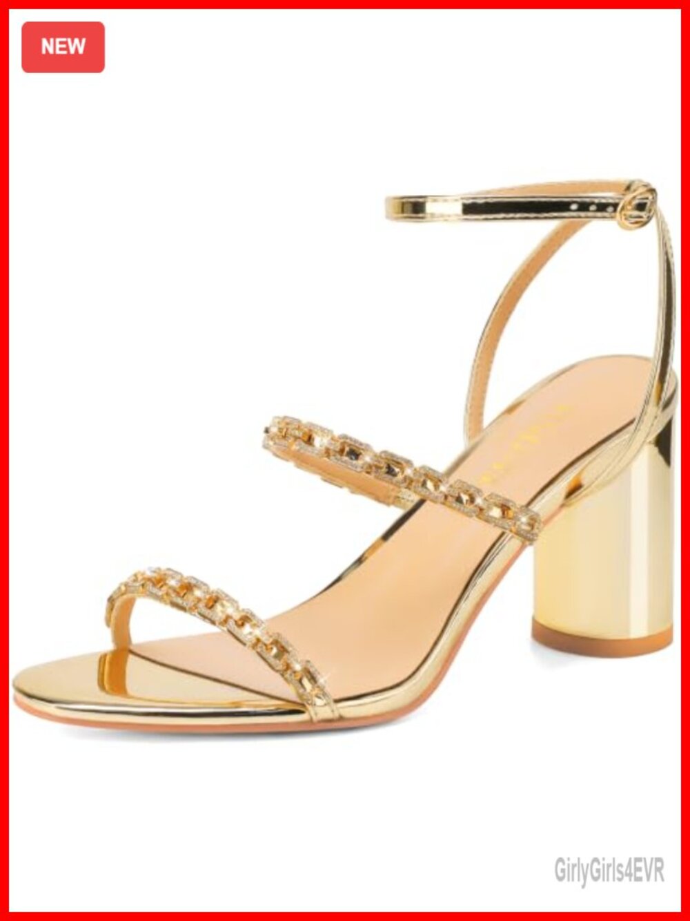 Faux Leather Strappy Heeled Sandals Rhinestone Chain Chunky Block Party Wedding